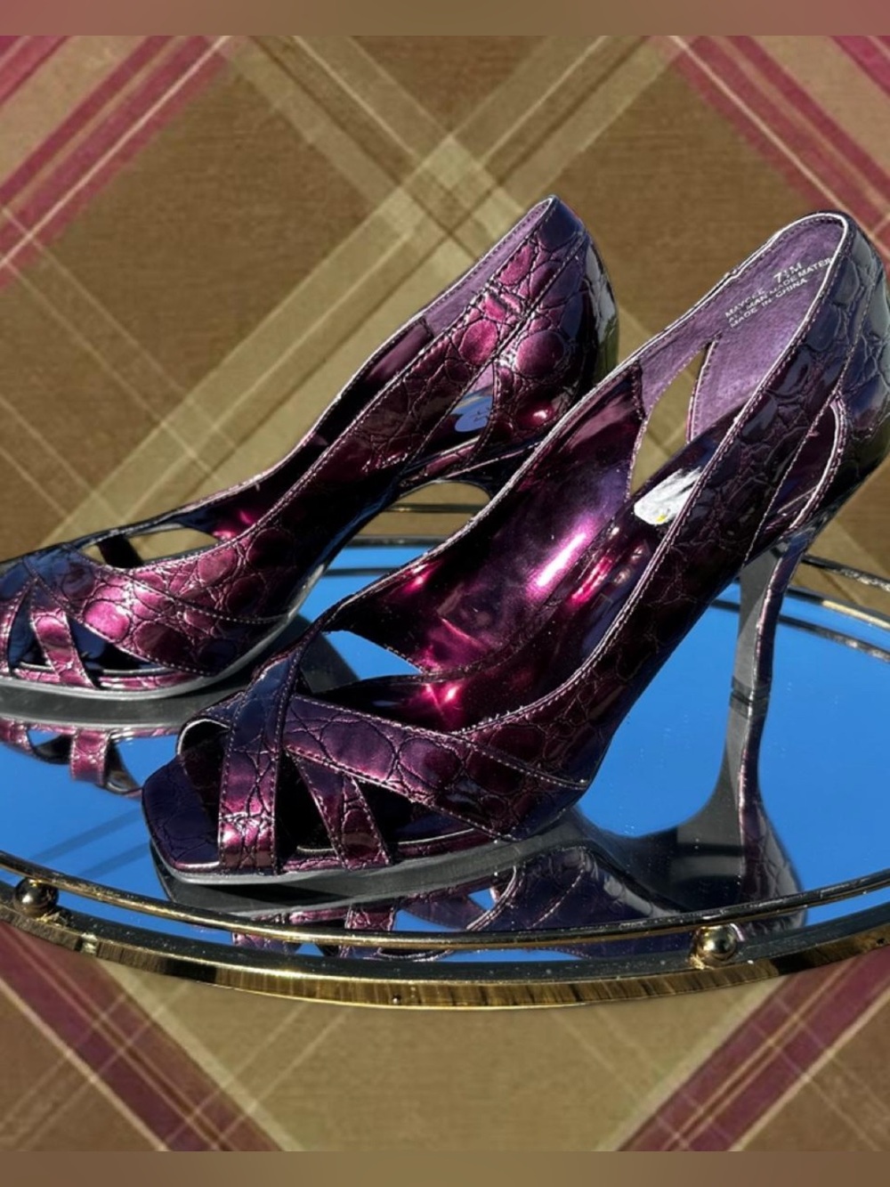 Metallic Plum Peep-Toe High Heels - Women